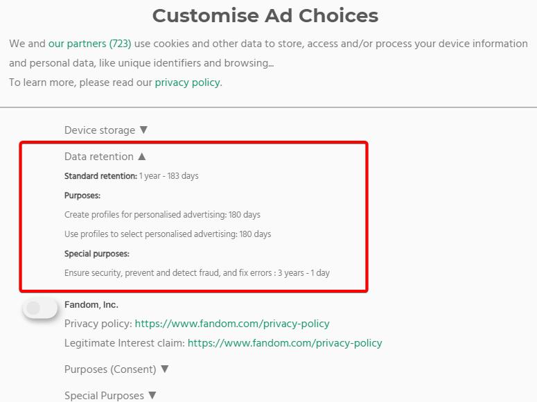 data retention at ad choices customisation