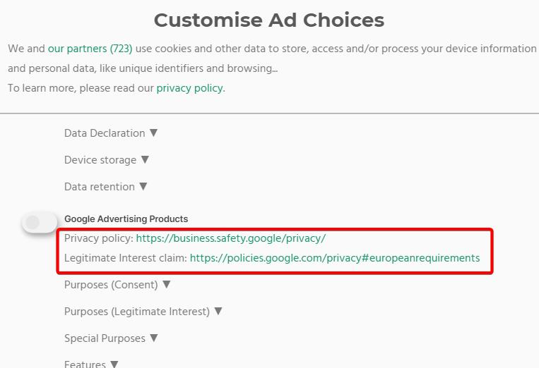 links to ad vendors