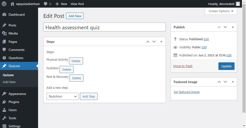 Wordpress Quiz setup page