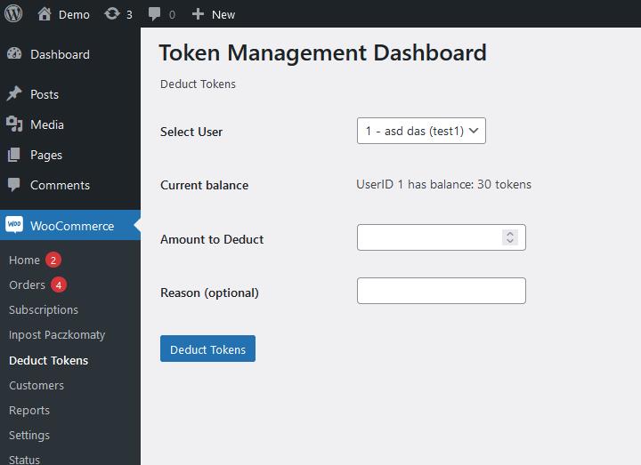 token management dashboard wp-admin