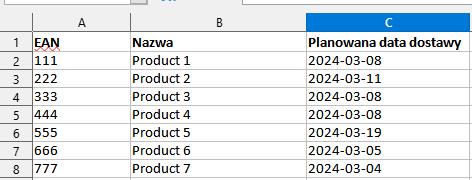 excel file with product availability date