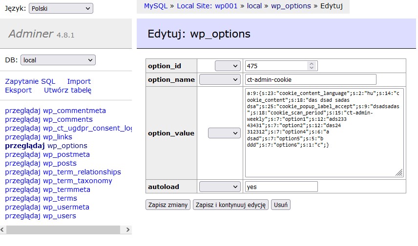 wp_options database modification