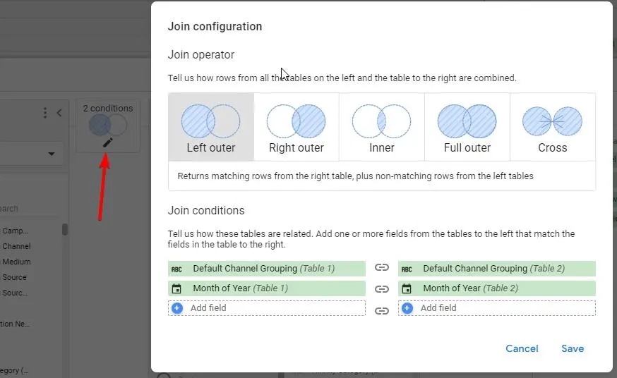 Join configuration options with text and images