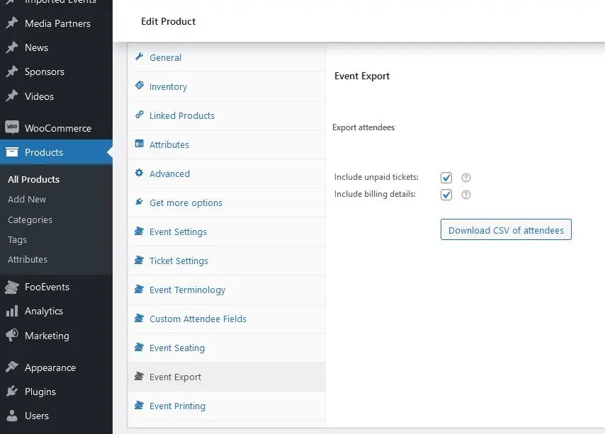 WordPress dashboard with the event export category opened