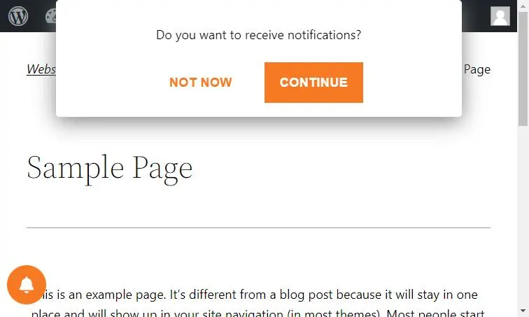 Preview of a website and a notification popup with black, white and orange text