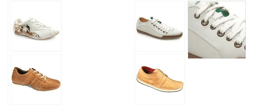 Photos of white and brown shoes with one photo zoomed in