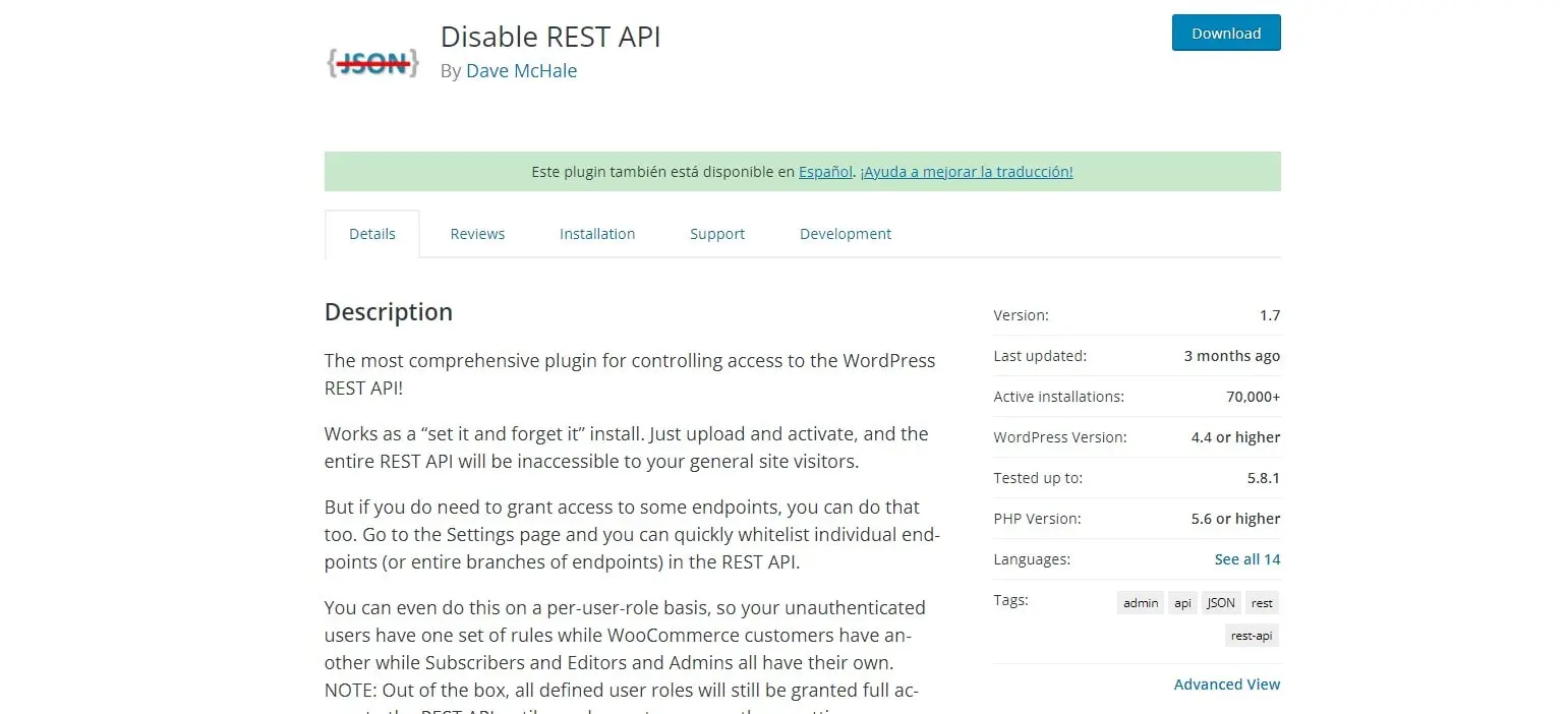 The website for the Disable REST API plugin with its description