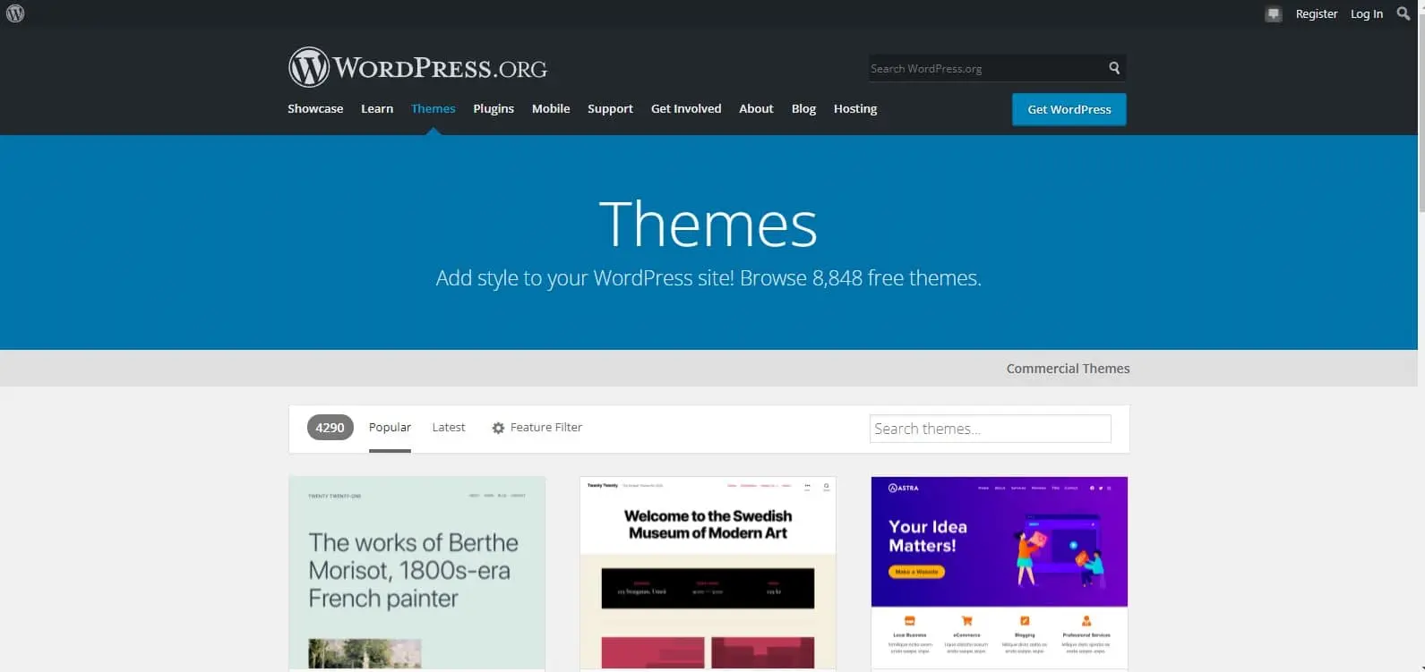 A preview of a website with WordPress themes, blue header and theme examples below