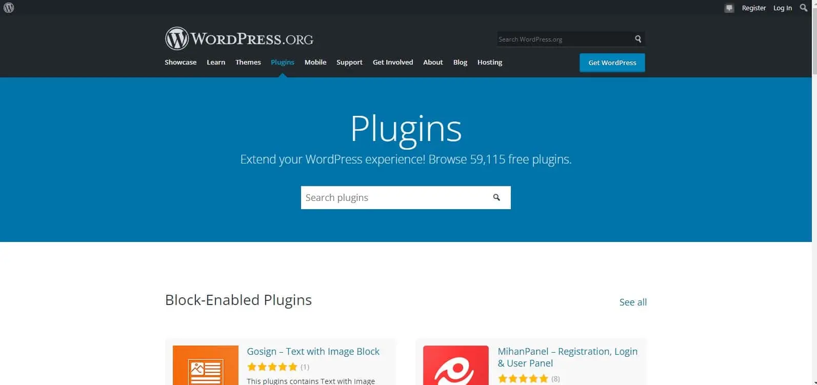 WordPress Plugins site with a blue header and plugins below