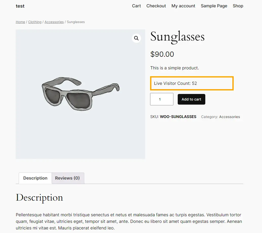 a product page with an image of sunglasses and product description